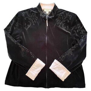 St John Sport Marie Gray Track Jacket M Full Zip Black Velvet Scroll Pink Trim